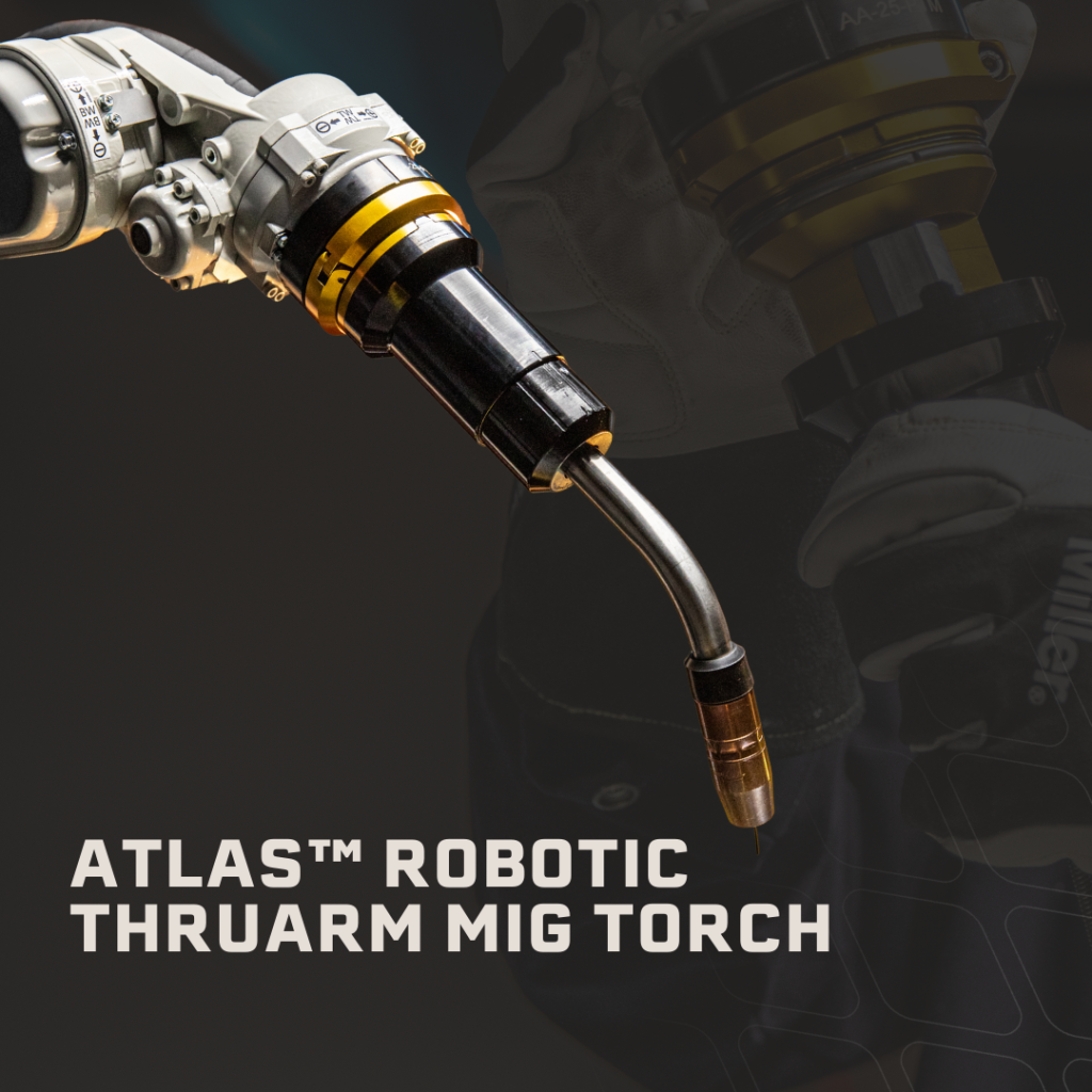 Tregaskiss ATLAS robotic MIG welding torch on an industrial welding robot.